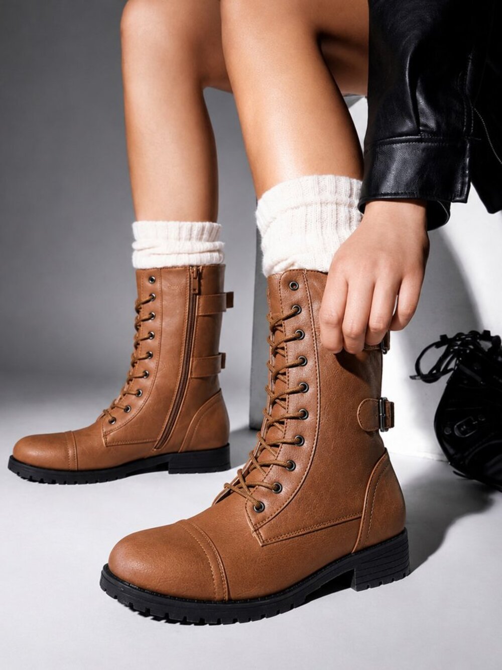 New Cognac Tan Buckle Combat Motor Tall Ankle Boots Booties Block Heel Lug Sole